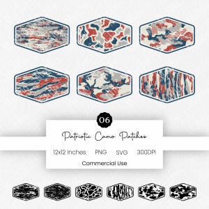 May include: Six patriotic camo patches in hexagonal shapes with red, white, and blue designs. The patches are 12x12 inches. The image also includes the text "Patriotic Camo Patches" and "Commercial Use."