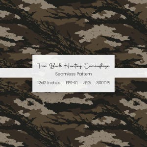 May include: Seamless pattern featuring a tree bark hunting camouflage design in shades of brown, tan, and black. The pattern is 12x12 inches and includes the text "Tree Bark Hunting Camouflage" and "Seamless Pattern".