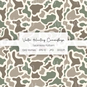 May include: A seamless vector pattern featuring a camouflage design in shades of green, brown, and beige. The pattern includes the text "Vector Hunting Camouflage" and is 12x12 inches in size.