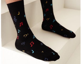 Calcetines con notas musicales: mezcla de algodón unisex, diseño de melodía colorida