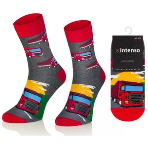 May include: A pair of gray and red socks with a design of red trucks on a gray background. The socks are shown on a white background. The socks are labeled "Intenso" and "Superfine Cotton".