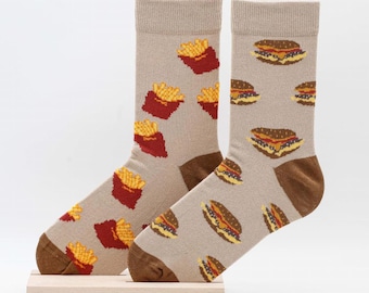 Calcetines unisex con sabrosas hamburguesas con queso y patatas fritas, calcetines, calcetines divertidos, calcetines locos, calcetines coloridos, idea de regalo, regalo perfecto, no coincidentes