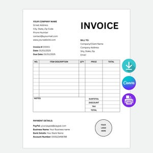 May include: A white invoice template with black text. The document includes fields for company information, invoice details, item descriptions, and payment information. The word "INVOICE" is prominently displayed at the top.
