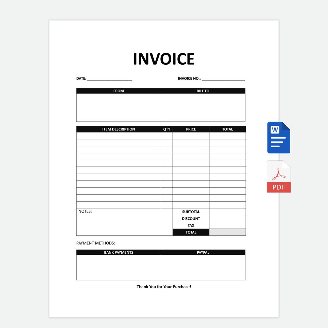 Editable Invoice Template: Small Business Billing Form (PDF, Word) - Etsy