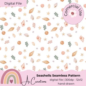 Könnte beinhalten: Ein nahtloses digitales Muster mit handgezeichneten Illustrationen verschiedener Muscheln, Seesterne und grüner Algenzweige auf weißem Hintergrund. Das Design enthält Textbeschriftungen mit Digital File, Commercial Use und Seashells Seamless Pattern.