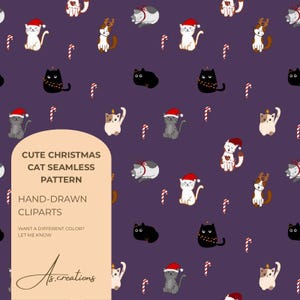 Könnte beinhalten: Nahtloses Muster mit Cartoon-Katzen mit Weihnachtsmützen und Zuckerstangen auf lila Hintergrund. Die Katzen sind in verschiedenen Posen und Farben dargestellt, einige tragen Rentiergeweihe. Der Text "CUTE CHRISTMAS CAT SEAMLESS PATTERN" ist ebenfalls vorhanden.