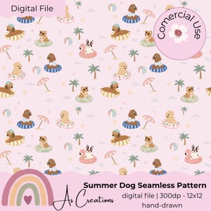 Könnte beinhalten: Ein nahtloses Muster mit Hunden in Schwimmringen, Sonnenschirmen, Palmen und Strandbällen auf hellrosa Hintergrund. Das Design enthält den Text "Summer Dog Seamless Pattern" und "Digital File".