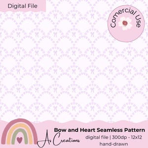 Könnte beinhalten: Ein nahtloses Muster mit einem sich wiederholenden Design aus Schleifen und Herzen in hellen Lilatönen auf weißem Hintergrund. Der Entwurf enthält den Text "Bow and Heart Seamless Pattern" und "Digital File".