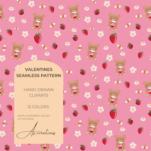 Könnte beinhalten: Ein nahtloses rosa Muster mit Teddybären, die Erdbeermarmelade, Erdbeeren, Bienen und weiße Blumen halten. Das Muster enthält den Text "VALENTINES SEAMLESS PATTERN", "HAND-DRAWN CLIPARTS" und "12 COLORS". Das Design stammt von As.creations.
