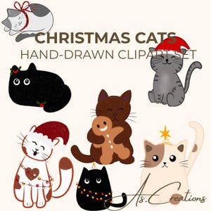 Könnte beinhalten: Eine Sammlung handgezeichneter Weihnachtskatzen-Clipart. Die Katzen sind in verschiedenen Posen und Farben dargestellt, einige tragen Weihnachtsmützen und Lichterketten. Der Text "CHRISTMAS CATS HAND-DRAWN CLIPART SET" ist zu sehen.