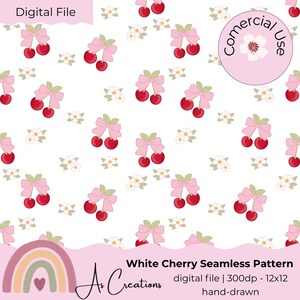 Könnte beinhalten: Ein weißes nahtloses Muster mit roten Kirschen mit grünen Blättern und rosa Schleifen, durchsetzt mit kleinen weißen Blumen. Das Design enthält den Text "White Cherry Seamless Pattern" und "Digital File".