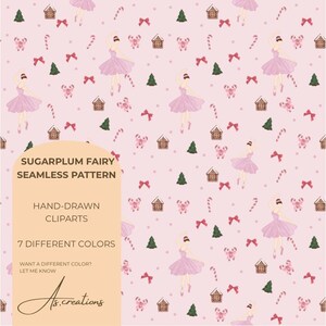 Könnte beinhalten: Ein nahtloses Muster mit Aquarellillustrationen von Ballerinas in rosa Tutus, Zuckerstangen, Lebkuchenhäusern, Schleifen und Weihnachtsbäumen auf hellrosa Hintergrund. Der Text lautet "SUGARPLUM FAIRY SEAMLESS PATTERN".
