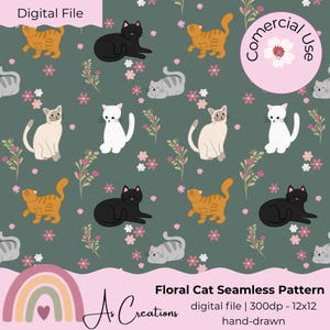 Cute Cat Seamless File PNG | Cozy Cat Girl Digital Paper, Cozy Kawaii Kitty Pattern, 12x12 300 DPI, Fabric Print, Scrapbook Background