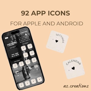 May include: A smartphone displays a custom app icon design with the text "92 APP ICONS FOR APPLE AND ANDROID." Two square cards with the words "SETTINGS" and "CALENDAR" are shown. The background is a light peach color.