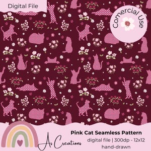 Könnte beinhalten: Nahtloses Muster mit rosa karierten Katzen auf bordeauxfarbenem Hintergrund, durchsetzt mit floralen Designs. Der Text "Pink Cat Seamless Pattern" ist enthalten. Das Design ist handgezeichnet und kommerziell nutzbar.