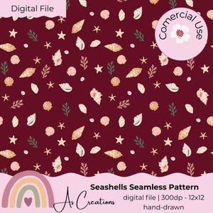 Könnte beinhalten: Ein nahtloses digitales Muster mit handgezeichneten Muscheln, Seesternen und Algenzweigen in Creme und Hellgrün auf dunkelburgunderfarbenem Grund. Das Bild enthält die Textbeschriftungen Digital File, Commercial Use und Seashells Seamless Pattern.