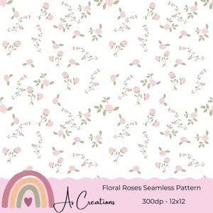Könnte beinhalten: Ein nahtloses Muster aus zarten rosa Rosen und grünen Blättern auf weißem Hintergrund. Der Entwurf enthält den Text "Floral Roses Seamless Pattern" und das Logo "As Creations".