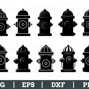 Puede incluir: Una colección de diez siluetas negras de bocas de incendio en varios diseños. Cada boca de incendio presenta una parte superior, un cuerpo y una configuración de boquilla distintos. La parte inferior de la imagen muestra el texto "SVG | EPS | DXF | PNG".