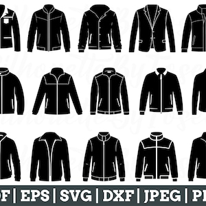 May include: Ten black and white illustrations of different styles of jackets. The jackets are all closed and have a zipper. Some have pockets.