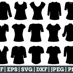 Pode incluir: Um conjunto de 12 arquivos de corte SVG em silhueta preta e branca para camisas, camisetas e outras roupas. Os designs incluem uma variedade de estilos, como camisas de manga comprida, camisas de manga curta e regatas.