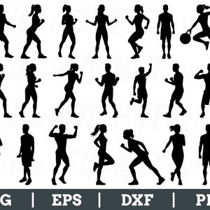 May include: Black silhouettes of people in various fitness poses, including running, lifting weights, and stretching. The image includes the text "SVG | EPS | DXF | PNG" at the bottom, indicating file formats.