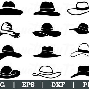 Peut inclure: Une collection de douze modèles de chapeaux noirs et blancs. Les chapeaux présentent des styles variés, notamment des chapeaux de soleil à larges bords, des fedoras et des chapeaux avec des éléments décoratifs. L'image comprend les options de type de fichier : SVG, EPS, DXF et PNG.