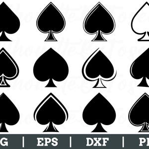 Könnte beinhalten: Eine Sammlung schwarzer Pik-Symbole in verschiedenen Stilen. Einige sind vollflächig, andere umrandet, und eines ist weiß mit schwarzer Umrandung. Der Text "SVG | EPS | DXF | PNG" am unteren Rand zeigt Dateiformate an.