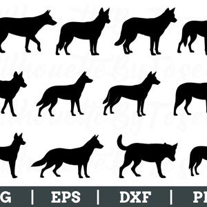 Puede incluir: Diez imágenes de silueta negra de perros en varias poses. Los perros están todos mirando hacia adelante y tienen las colas levantadas.