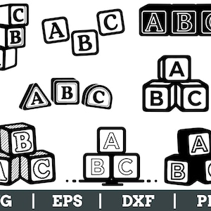 May include: Black and white illustrations of alphabet blocks arranged in various configurations. The blocks display the letters A, B, and C. The image also includes the text "SVG | EPS | DXF | PNG".