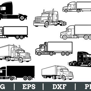 Puede incluir: Colección de ilustraciones en blanco y negro de camiones. Se muestran varios estilos de camiones, incluyendo tractocamiones y semirremolques. La imagen incluye el texto "SVG | EPS | DXF | PNG".