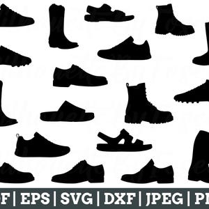 Può includere: Un set di 14 immagini in silhouette nera di diversi tipi di calzature, tra cui stivali, sandali, scarpe da ginnastica e scarpe eleganti.