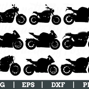 Peut inclure: Collection de neuf silhouettes noires de motos de différents styles, dont des cruisers, des motos sportives et des café racers. L'image comprend les étiquettes de format de fichier : SVG, EPS, DXF et PNG.