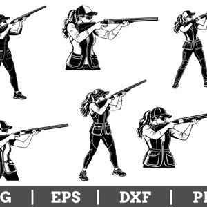 Könnte beinhalten: Eine Sammlung von schwarz-weißen Vektorillustrationen, die Personen mit Kappen und Westen beim Zielen mit Schrotflinten zeigen. Die Figuren sind in verschiedenen Posen dargestellt, darunter Ganzkörper- und Halbfigurenansichten mit Schusswaffen.