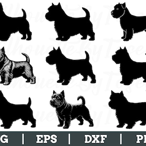 May include: A collection of nine black and white dog silhouettes in various poses. The dogs are likely Scottish Terriers, with detailed and simplified designs. The bottom of the image includes the text "SVG | EPS | DXF | PNG".