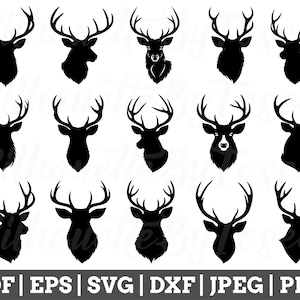 Könnte beinhalten: Eine Sammlung schwarzer Hirschkopf-Silhouetten mit verschiedenen Geweihdesigns. Das Bild zeigt mehrere Variationen von Hirschköpfen, jede mit einzigartigen Geweihformen und Gesichtszügen. Der untere Teil des Bildes zeigt Dateiformatoptionen: PDF, EPS, SVG, DXF, JPEG und PNG.
