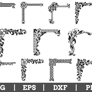 May include: A collection of twelve black corner decorative elements featuring various patterns including geometric lines, rope textures, floral motifs, and intricate scrollwork. The bottom of the image displays the text SVG | EPS | DXF | PNG.