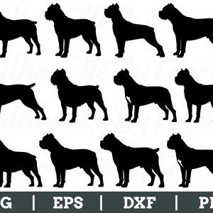Pode incluir: Uma coleção de silhuetas pretas de cães em várias poses. A imagem inclui múltiplas representações do cão, algumas com uma marca branca no peito. A parte inferior da imagem exibe o texto "SVG | EPS | DXF | PNG".