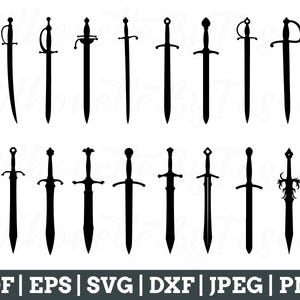 May include: A set of 18 black silhouette sword designs. The swords are various styles, including broadswords, daggers, and scimitars.