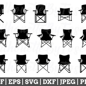 May include: A set of ten black camping chairs with a variety of styles, including folding chairs, director's chairs, and Adirondack chairs.