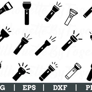 May include: A collection of black flashlight silhouettes in various designs. The flashlights are depicted with and without light beams, and some have a button detail. The image includes the text "SVG | EPS | DXF | PNG".