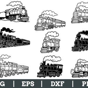 May include: A collection of nine black and white train illustrations. The trains vary in style, some with attached cars, and all with smoke billowing from the smokestacks. The bottom of the image includes the text "SVG | EPS | DXF | PNG".
