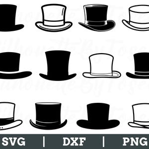 Puede incluir: Una colección de siluetas de sombreros de copa en blanco y negro. Los sombreros varían en estilo, algunos tienen una corona redondeada y otros una forma más cilíndrica. La imagen incluye etiquetas de tipo de archivo SVG, DXF y PNG.