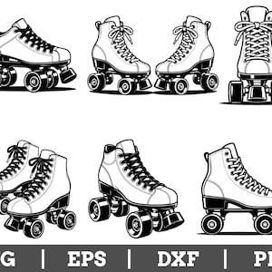 May include: A collection of black and white illustrations featuring various angles of quad roller skates with laces and four wheels. The bottom of the image displays the text SVG | EPS | DXF | PNG in a clean, bold, sans-serif font.