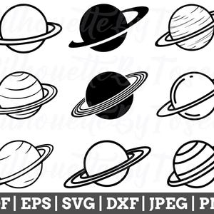 Op de afbeelding: Set van negen zwart-witte lijntekeningen van planeten met ringen. De planeten zijn allemaal van verschillende vormen en maten, en sommige hebben een getextureerd oppervlak.