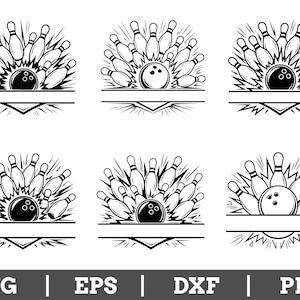 Op de afbeelding: Een verzameling van zes zwart-wit grafische illustraties met bowlingballen die kegels raken, voorzien van explosieve bewegingslijnen en horizontale bannerruimtes voor tekst. De ontwerpen worden gepresenteerd in een rasterformaat.