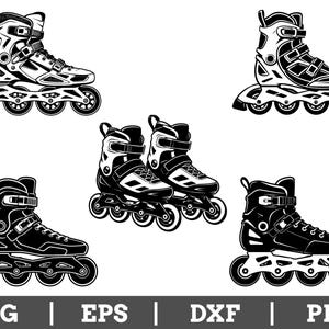 May include: A collection of black and white inline skate illustrations featuring various angles of the skates, including single skates and a pair, with the text SVG | EPS | DXF | PNG displayed clearly at the bottom of the graphic design.