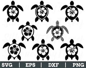Sea Turtle with Hibiscus Flower Svg, Sea Turtle Silhouette, Hibiscus Flower Vector, Dxf, Png