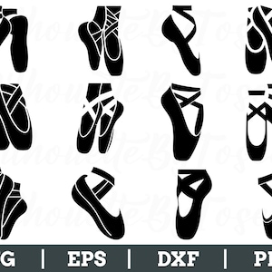 May include: A set of ten black and white silhouette images of ballet shoes. The shoes are in various positions, including a pair of shoes with the toes pointed, a pair of shoes with the heels together, and a pair of shoes with the toes crossed.