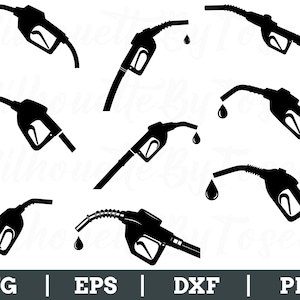 Peut inclure: Plusieurs silhouettes noires de pistolets de pompe à essence, chacune avec une goutte de liquide. L'image comprend les formats de fichiers : SVG, EPS, DXF et PNG.