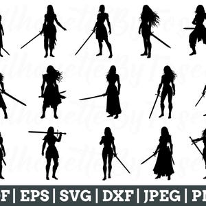 May include: A set of 10 black silhouette images of women warriors holding swords. The women are in various poses, some with their swords raised, some with their swords lowered, and some with their swords pointed at the viewer.